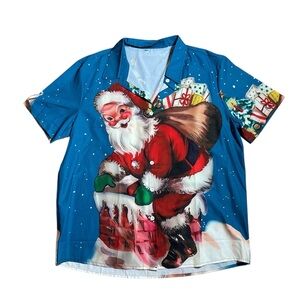 Mens Blue Retro Santa Casual Button Down Short Sleeve Top XL